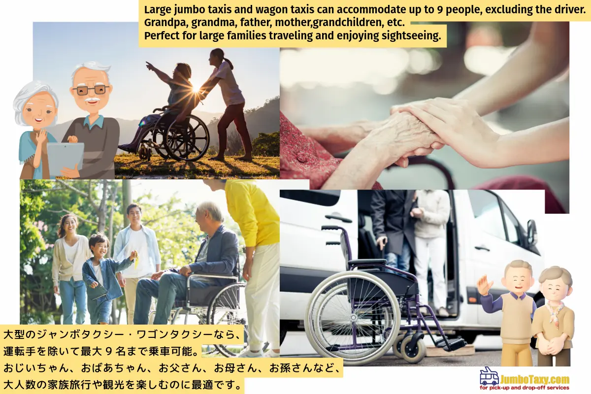 由合格的看護司機陪同乘坐巨型計程車，為老年人提供旅遊協助。