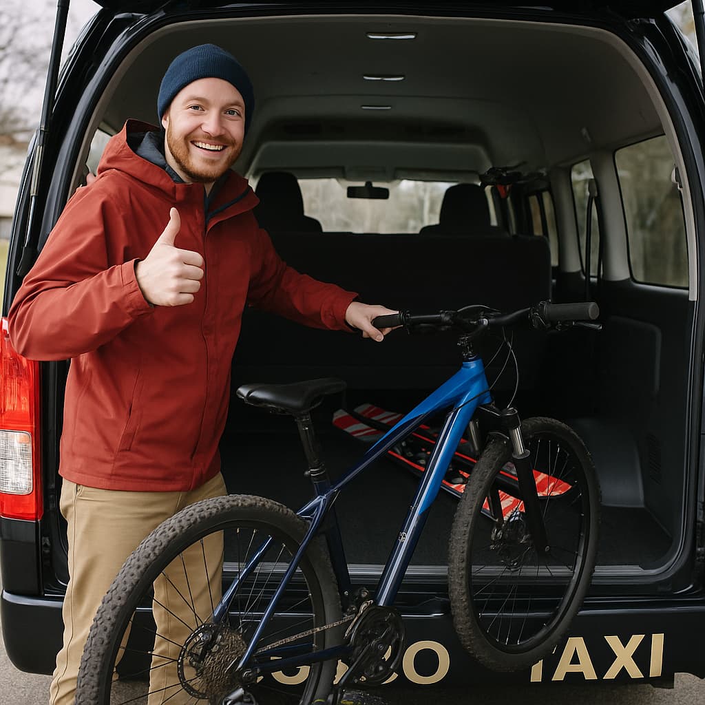 Visiting tourists happy to load their bicycles and ski gear into a jumbo taxi.