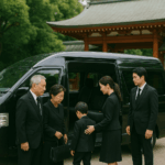 Scene of a Hiace jumbo taxi parked in front of a temple, loading up for a visit to a grave.