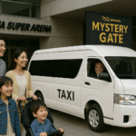Families attending the Mystery Gate arriving by jumbo taxi.