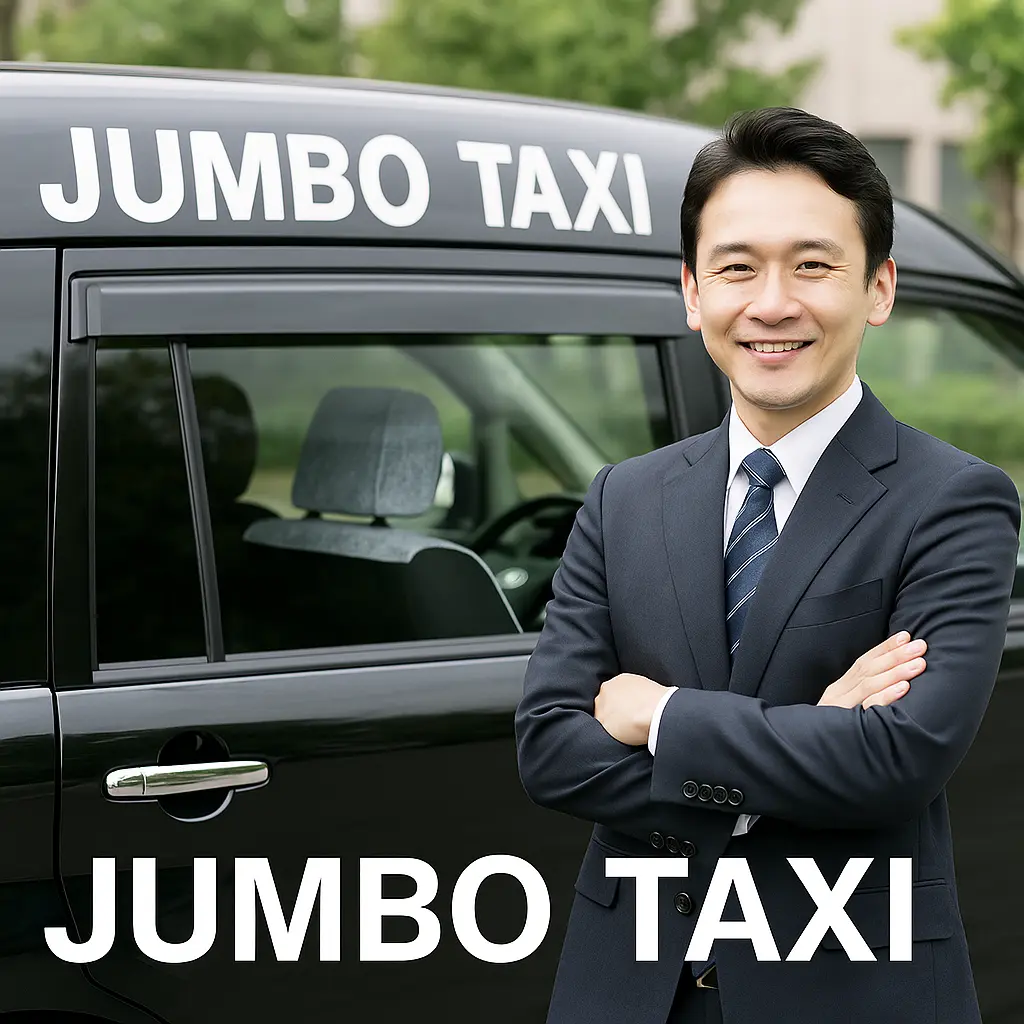 Jumbo cab with businessmen in suits and professional driver