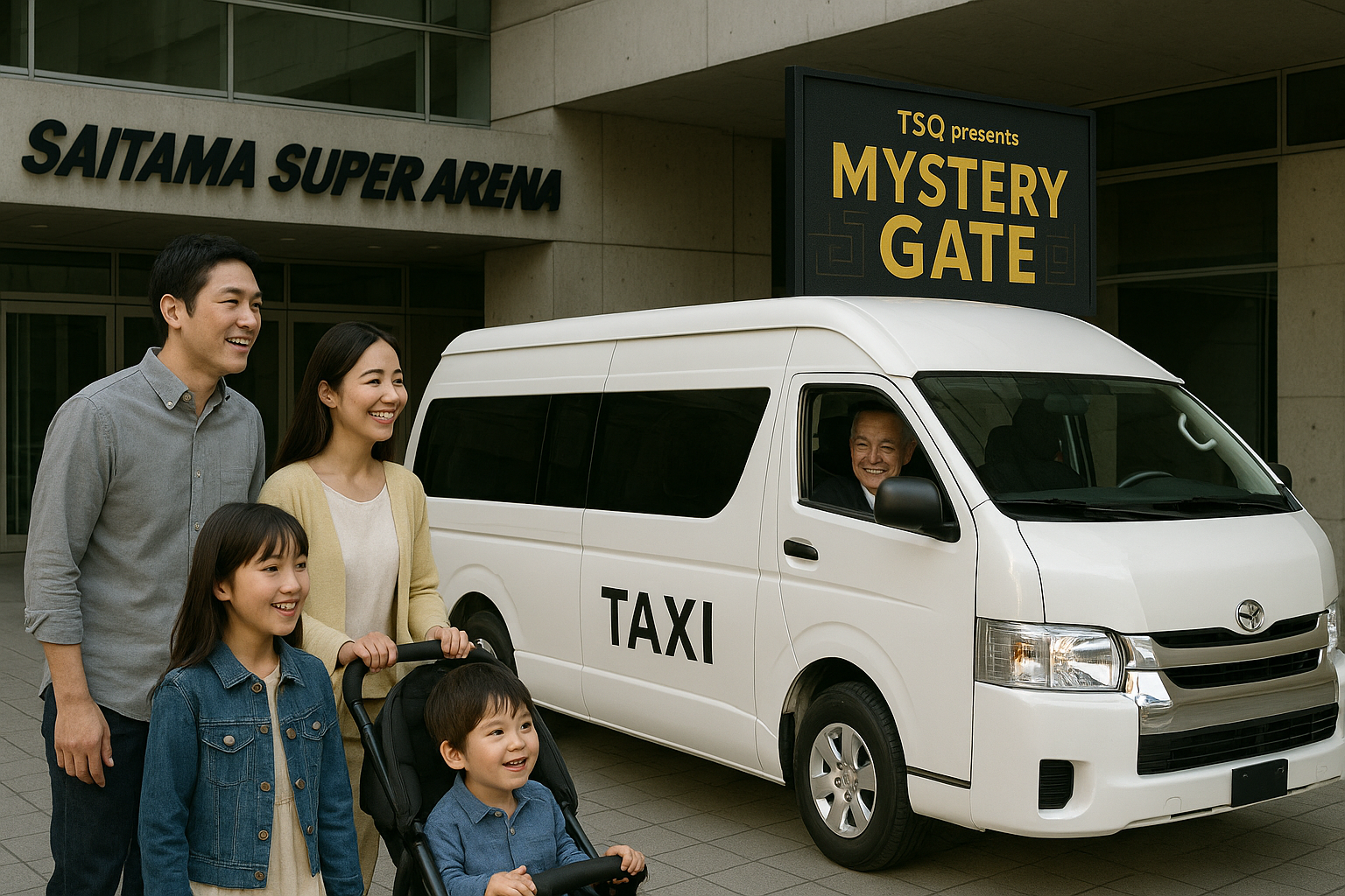 Families participating in the Mystery Gate arriving by jumbo cab