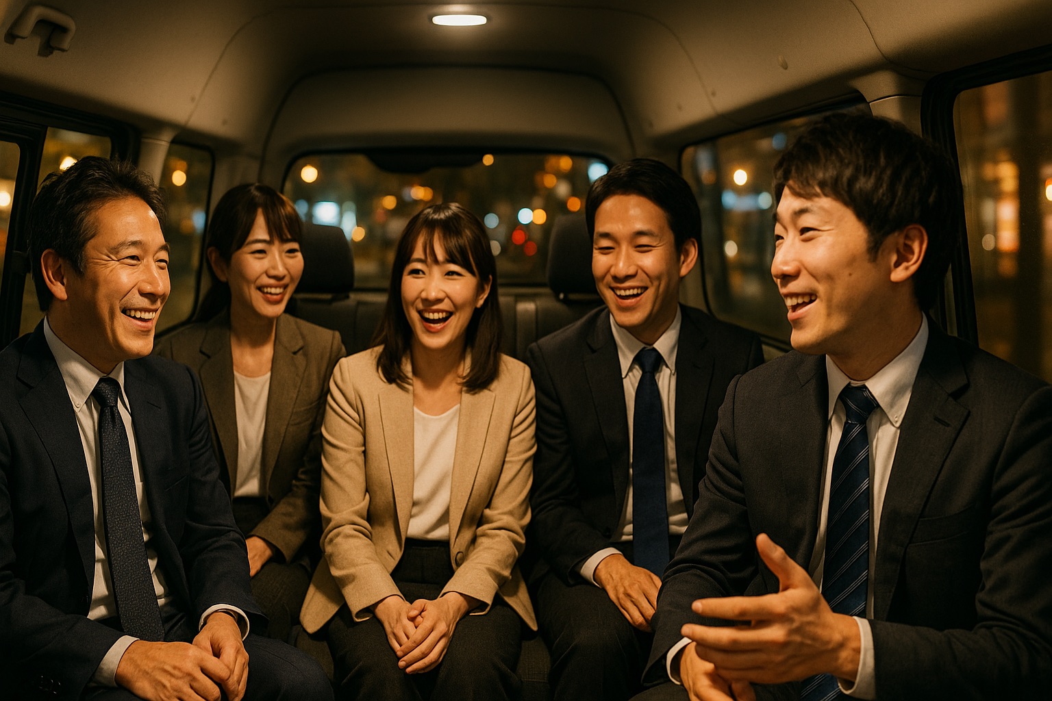 Enjoying a fun ride in a jumbo cab that can accommodate 9 people on the way home from a year-end party.