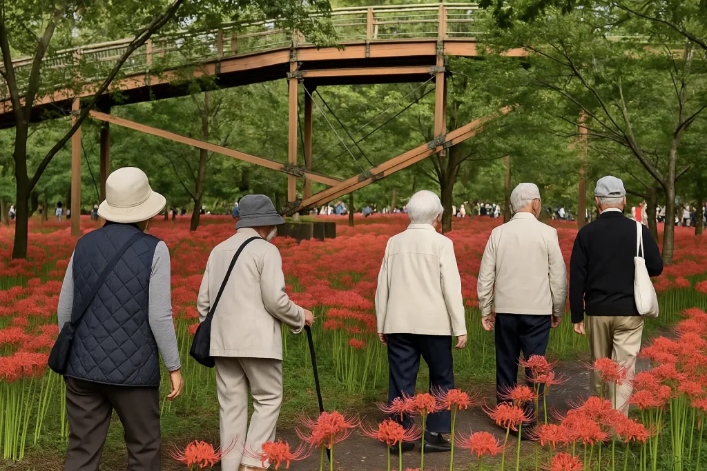 巾着田の曼珠沙華を散策する高齢者グループと木製遊歩道の風景
