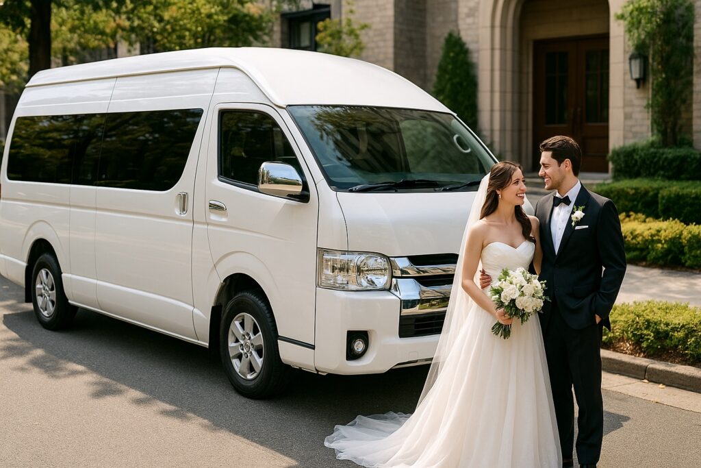 結婚式場前で新郎新婦とジャンボタクシーが並ぶウェディング送迎のシーン。大人数移動に対応する大型タクシー。