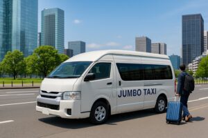 Jumbo taxis stopping in city business districts. Large taxis are used for large group transfers and corporate transfers.