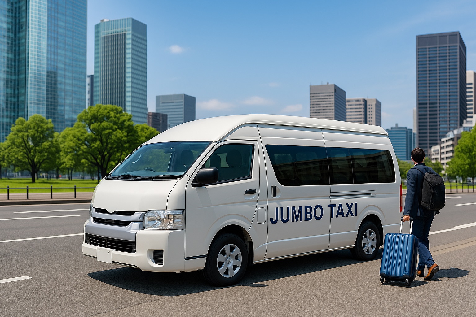 街中のビジネス街で停車するジャンボタクシー。大人数の移動や法人送迎に対応した大型タクシーの利用シーン。