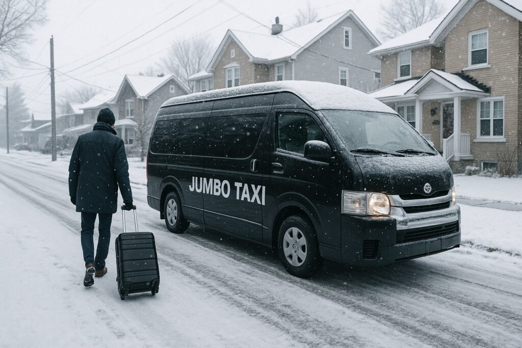 雪が降る住宅街でジャンボタクシーが停車し、スーツケースを引く男性が向かっている冬の送迎シーン。