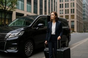 Female business passenger walking towards a luxury black jumbo taxi. Pick-up and drop-off scene in a business district in Tokyo.