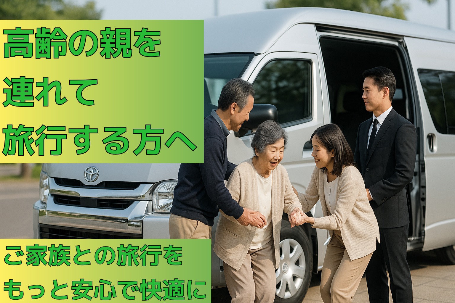 高齢の母親を家族が優しくサポートしながらジャンボタクシーに乗り込む様子。安心して旅行できる移動サービス
