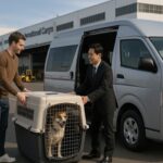 Pet transfer service where the driver and passenger of a jumbo taxi exchange greetings in front of the airport terminal, with a large pet carrier placed at their feet.