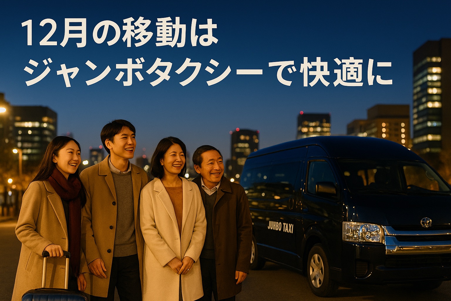 Under the December winter sky, a Japanese family smiles in front of a jumbo taxi, suitcases in hand. Jumbo taxis are convenient for year-end airport transfers and homecomings.