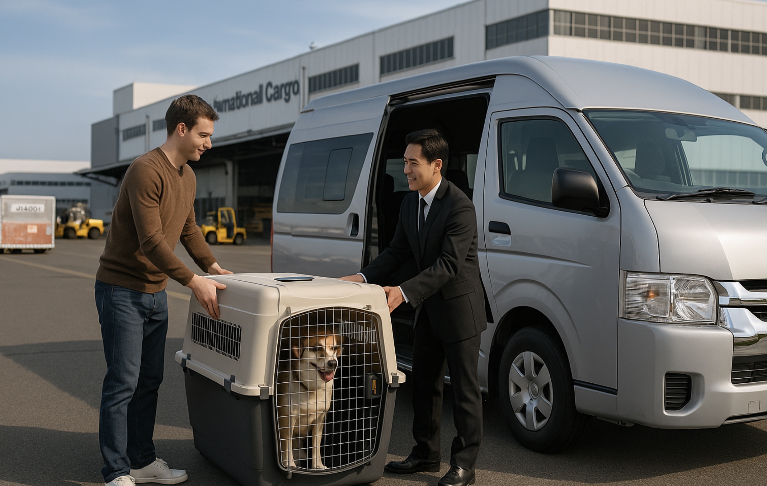 機場航廈前，大型計程車司機與乘客互相問候，腳邊放置著大型寵物籠的寵物接送服務