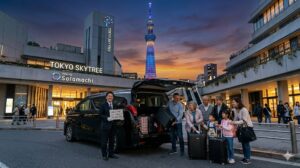 新加坡家庭團體搭乘巨型計程車抵達東京晴空塔。