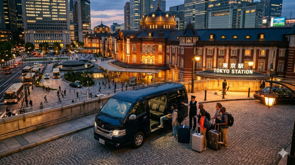 Jumbo taxis carrying group passengers in front of Tokyo Station - Shinkansen transit transfer service