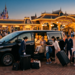東京ディズニーランド前に停車したジャンボタクシーと荷物を持つ家族グループ