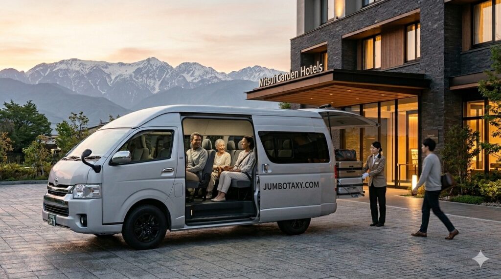 Jumbo cab parked in front of Mitsui Garden Hotel and snowy mountains in the distance