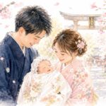 お宮参りにジャンボタクシーで移動する家族のイラスト