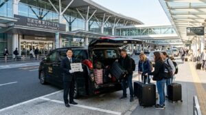 羽田空港でAirbnb民泊ゲストのスーツケースを積み込むジャンボタクシー
