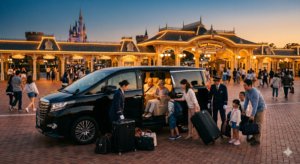 東京ディズニーランド前に停車したジャンボタクシーと荷物を持つ家族グループ
