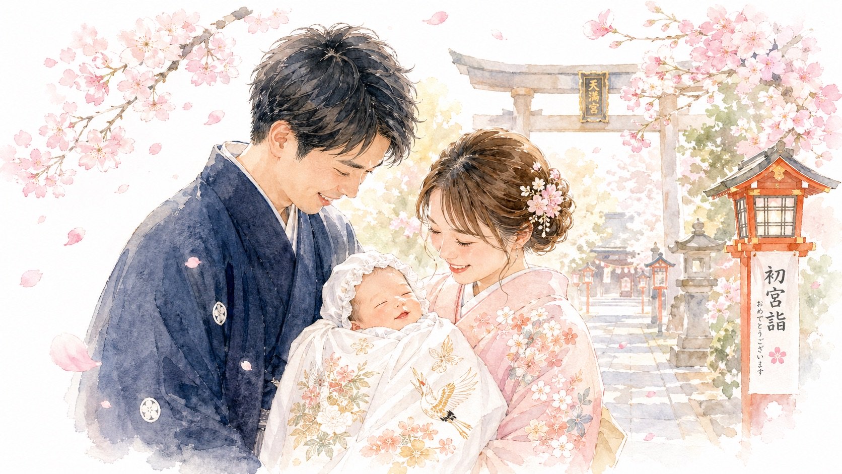 お宮参りにジャンボタクシーで移動する家族のイラスト