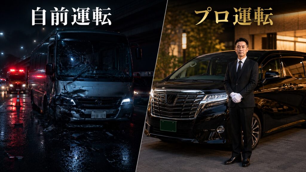 運転経歴書を持つプロドライバーが運転するジャンボタクシーで安全にグループ移動するイメージ
