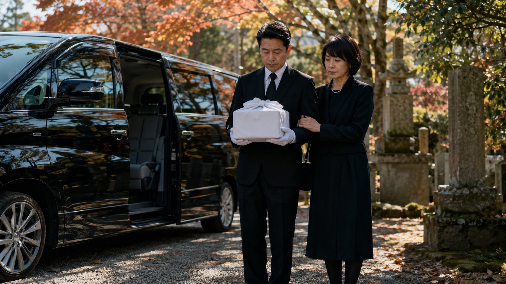 黒い礼服姿の運転手が白い風呂敷に包まれた骨壷を丁寧に抱え、遺族と共にジャンボタクシーへ乗り込む墓じまいの搬送シーン