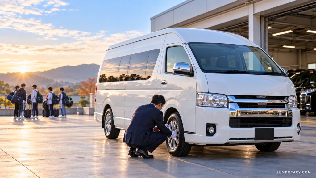 部活遠征の送迎前に、白いハイエースの貸切ジャンボタクシーを点検するプロの運転手