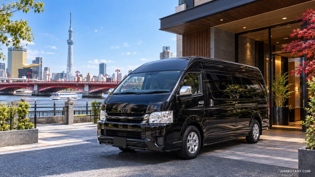 東京スカイツリーを背景に空港送迎へ向かう黒い大型ジャンボタクシー（吾妻橋）