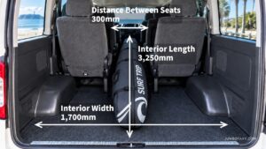 後部座席を倒したハイエースの車内へ約3mのロングボードを積み込む貸切タクシー