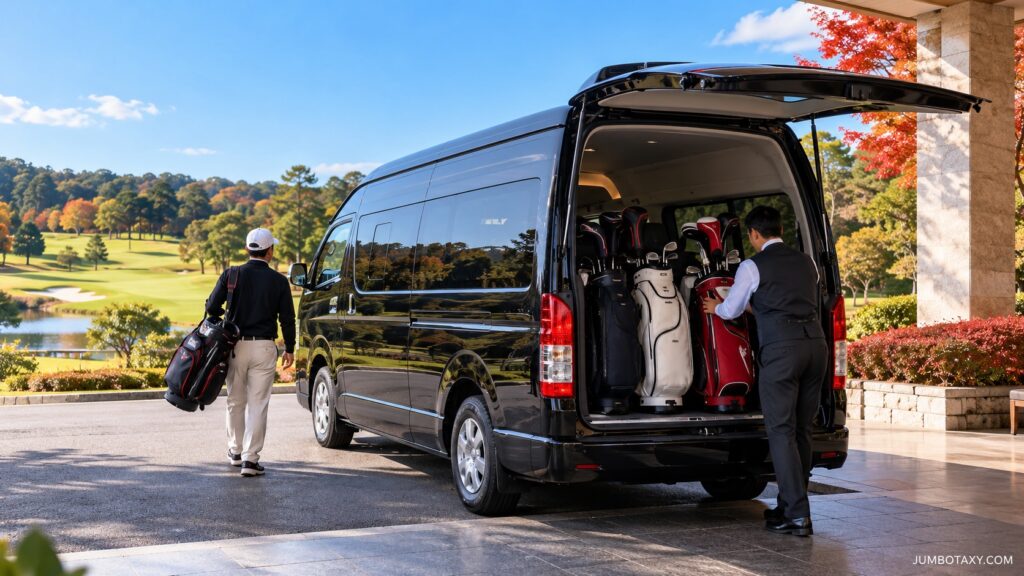 ゴルフコンペ向け。貸切タクシー（ハイエース ワイド）。ゴルフ場エントランスに停車し後部にバッグを積み込む様子