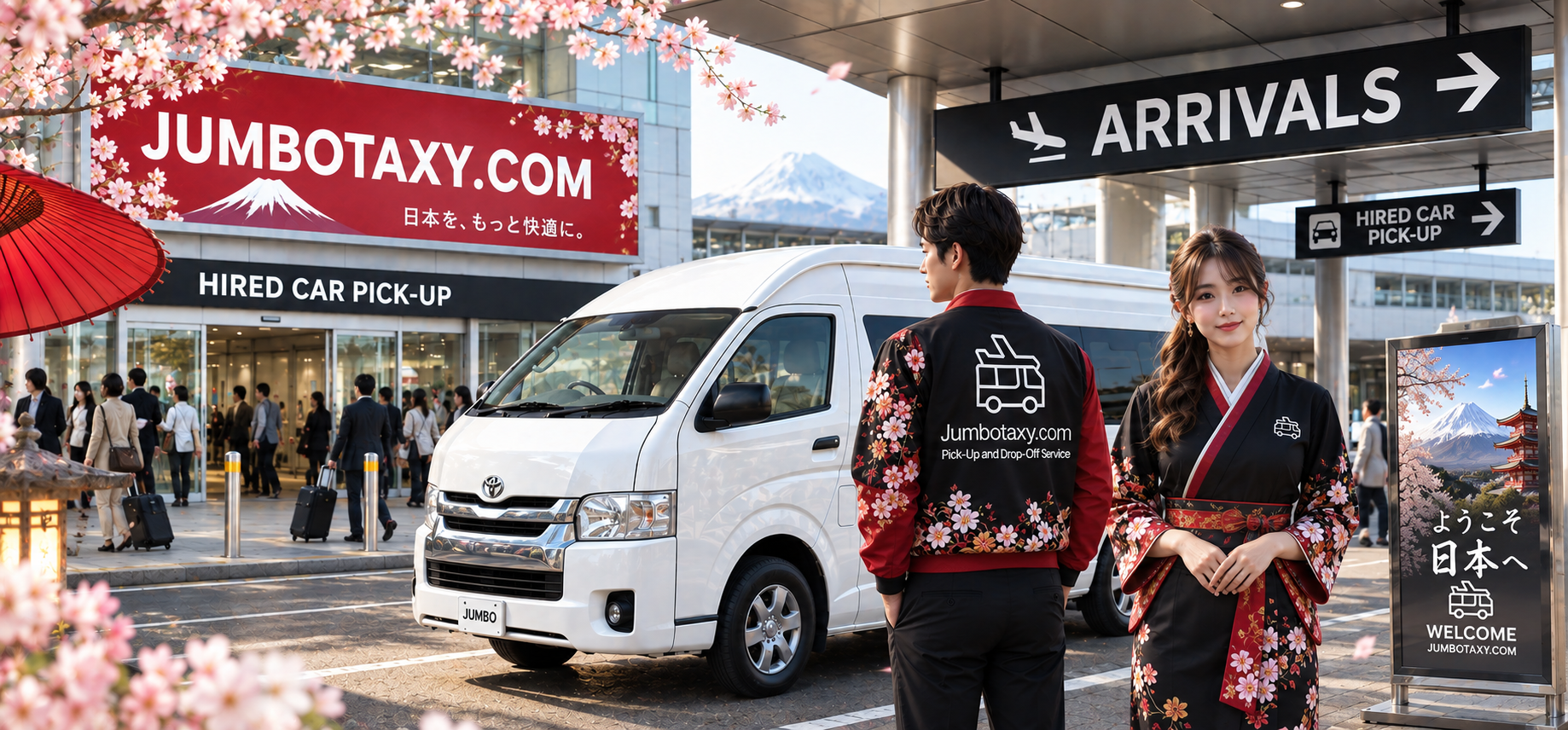 공항 도착 로비 앞에서 마중하는 JUMBOTAXY.COM의 점보택시와 일본스러운 유니폼을 입은 직원