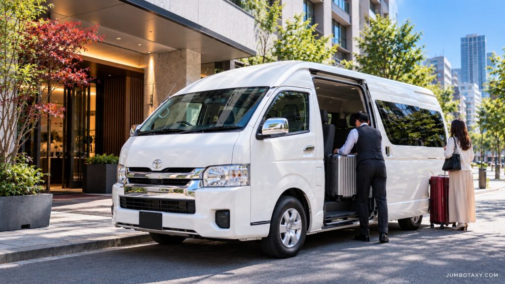 MIMARU東京前で乗客を待つ白の貸切ジャンボタクシー（トヨタ・ハイエース）