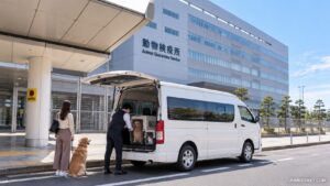 空港前でペット用クレートを積み込む白い大型ジャンボタクシー（トヨタ・ハイエース）
