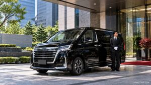 オフィス街で役員車に寄り添うハイヤー経験のあるドライバー