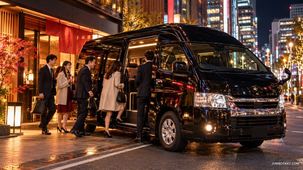 忘年会幹事が手配した貸切タクシー。ビル街の夜景を背景に停車するハイエース