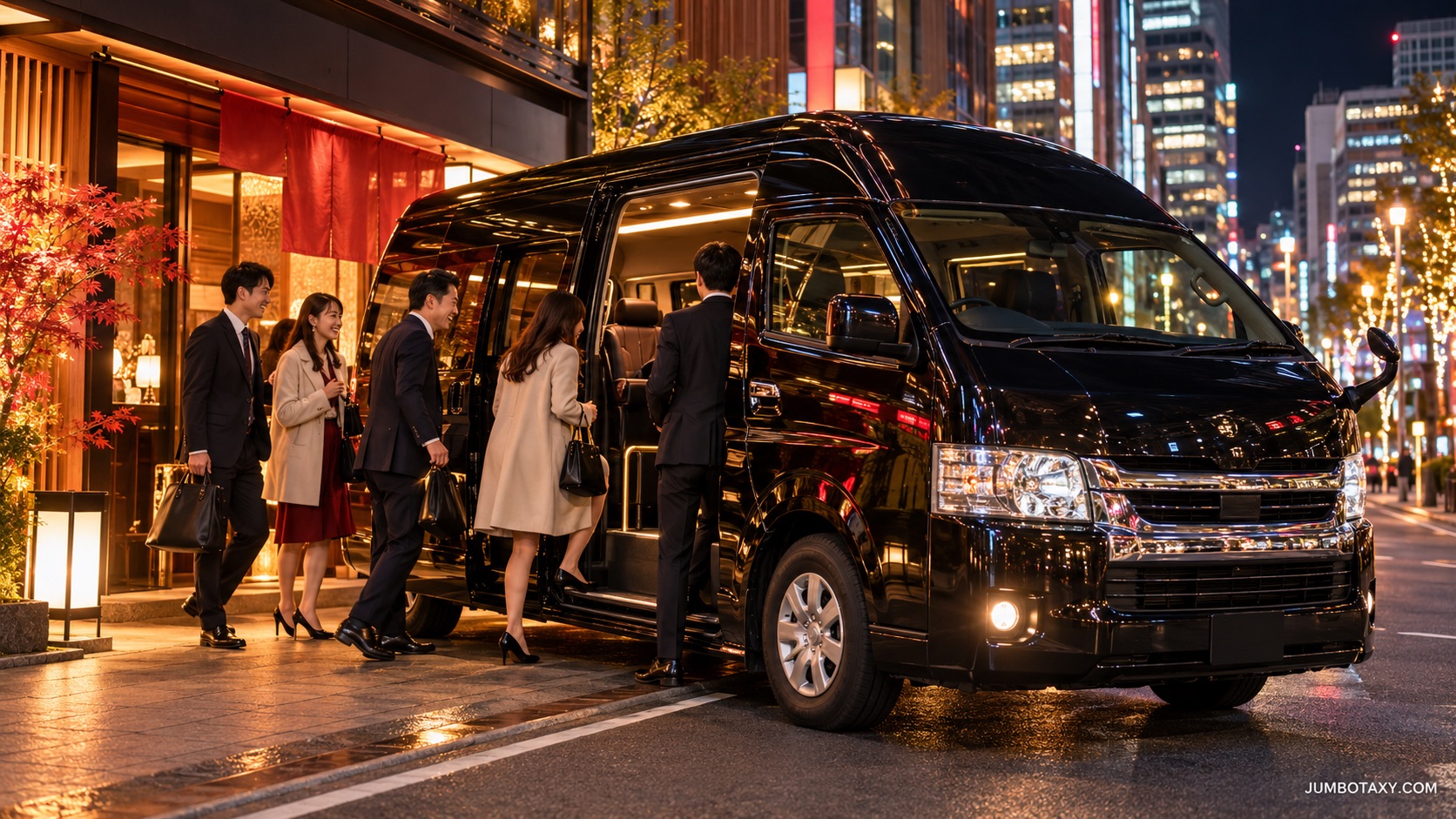 A charter taxi arranged by the New Year's Eve party committee. A Highlander parked in the background against the night view of the city buildings.