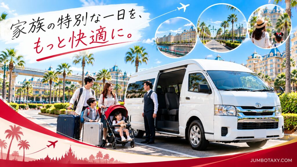 東京ディズニーリゾートへ家族を送迎する大型ワンボックスのジャンボタクシー