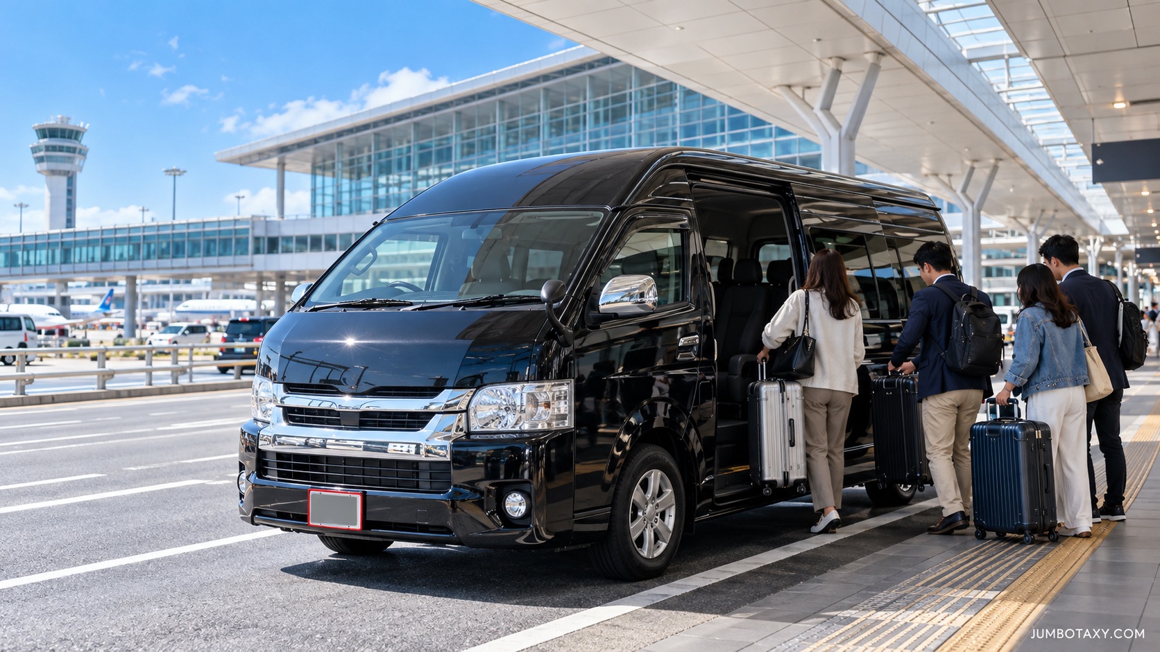 成田空港ターミナルを背景に停まるトヨタ・ハイエースの貸切タクシー