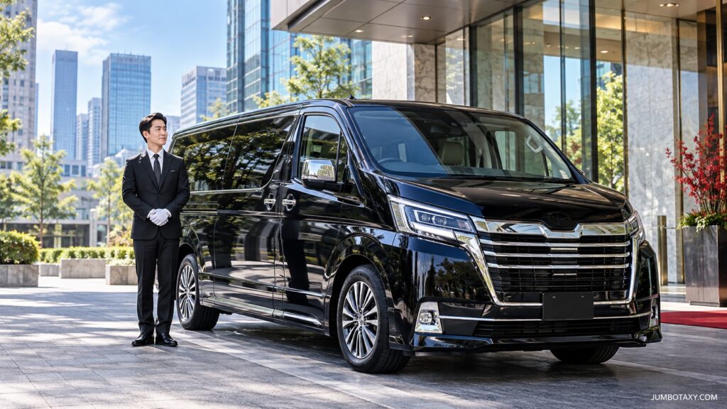 役員車として使う黒いワゴンタクシー（トヨタ・グランエース）とプロドライバー