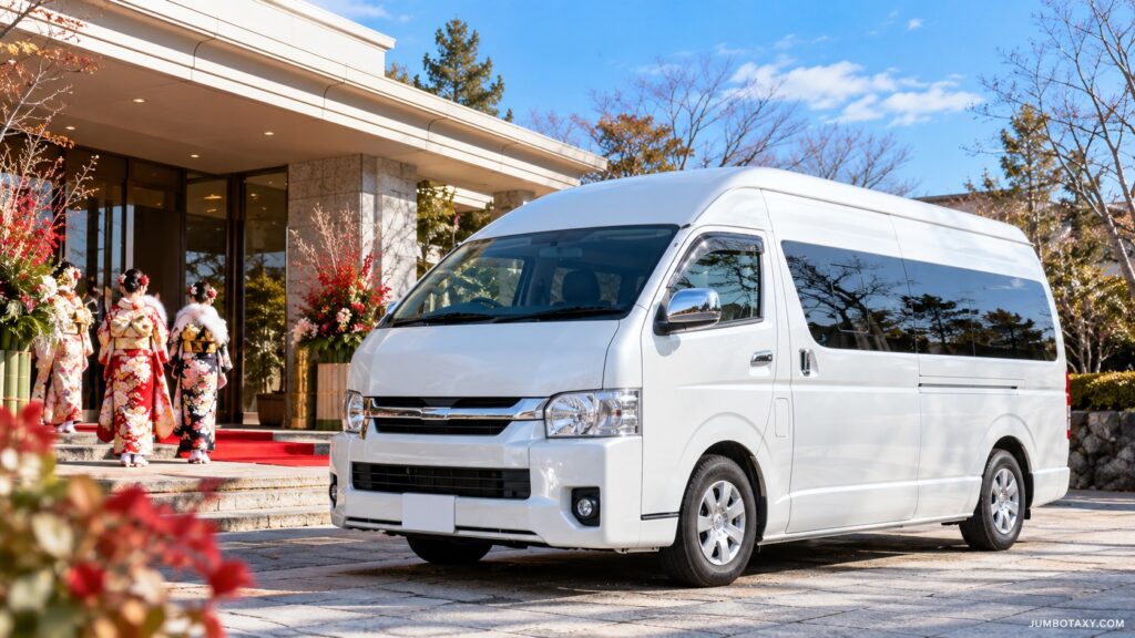 振袖姿の家族が白いジャンボタクシー（ハイエース ワイド）に乗り込む成人式当日のイメージ