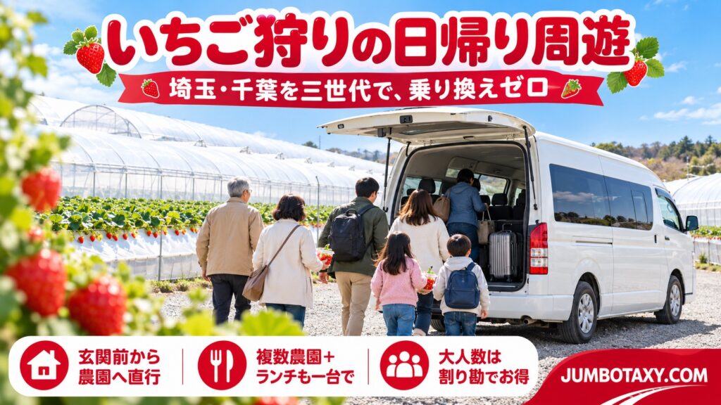 埼玉・千葉のいちご農園のビニールハウス前に停まる白い大型ジャンボタクシーと三世代家族