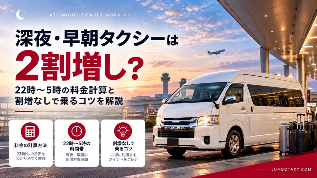 深夜の街を走る白いトヨタ・ハイエース ワイド スーパーロングの貸切ジャンボタクシー（深夜早朝も割増なし）