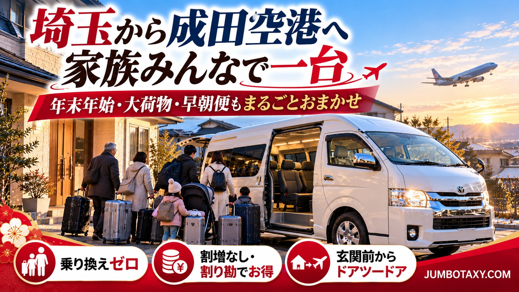 年末年始の早朝、埼玉の自宅前でスーツケースを積み込む白い大型ジャンボタクシー(トヨタ・ハイエース ワイド スーパーロング)と三世代家族