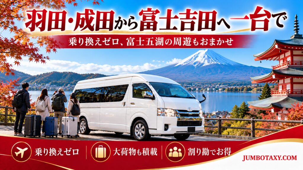 河口湖畔に停まる貸切ジャンボタクシーと旅行グループのイメージ