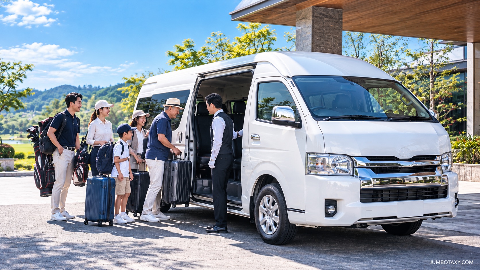 大人数と大きな荷物を乗せて停まる白い貸切ジャンボタクシー(トヨタ・ハイエース ワイド)