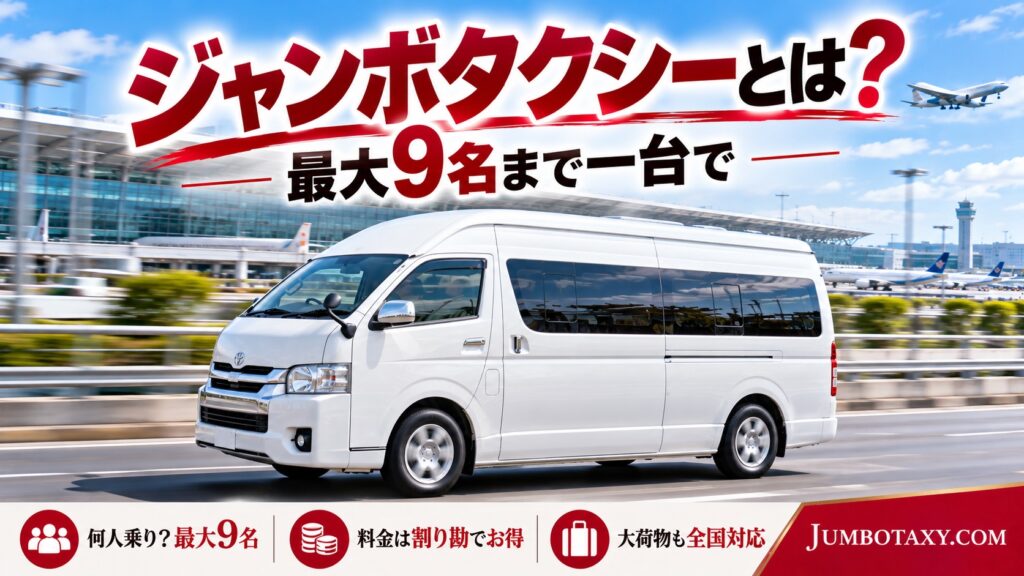 ジャンボタクシーとは最大9名が乗れる大型タクシー、白いトヨタ・ハイエース ワイド スーパーロング
