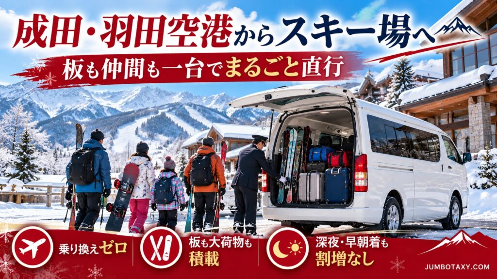羽田空港でスキー板を大型ジャンボタクシーに積み込む訪日グループ