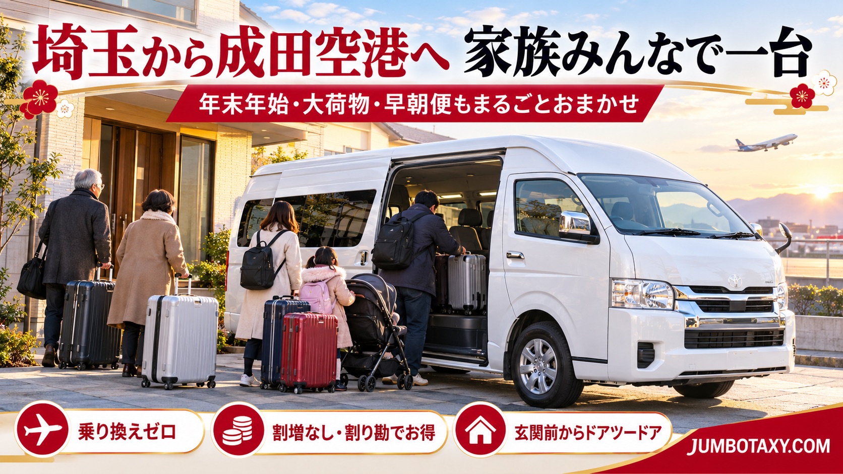 年末年始の早朝、埼玉の自宅前でスーツケースを積み込む白い大型ジャンボタクシー（トヨタ・ハイエース ワイド スーパーロング）と三世代家族
