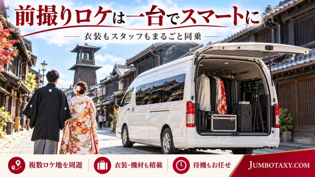 衣装や撮影機材を積んだ白い貸切ジャンボタクシーで前撮りロケ地を周遊する新郎新婦